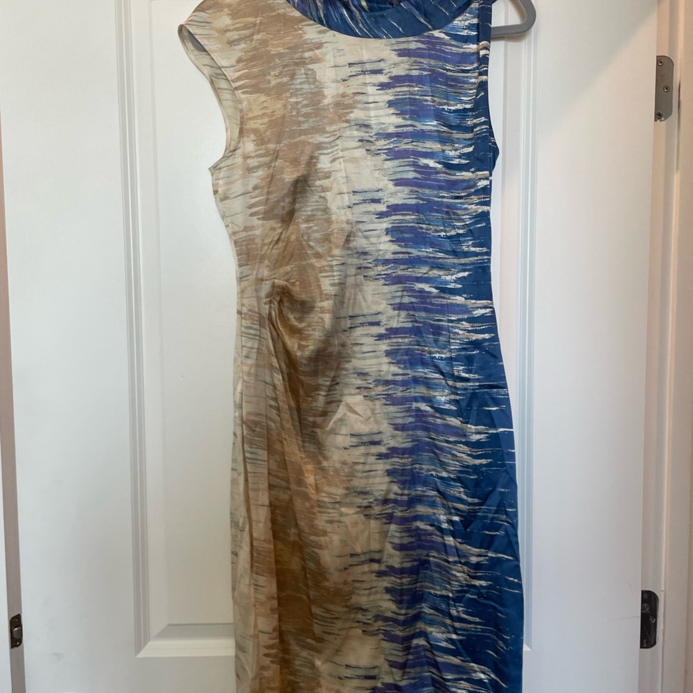 BCBGMaxAzria Blue and Tan Midi Silk Dress